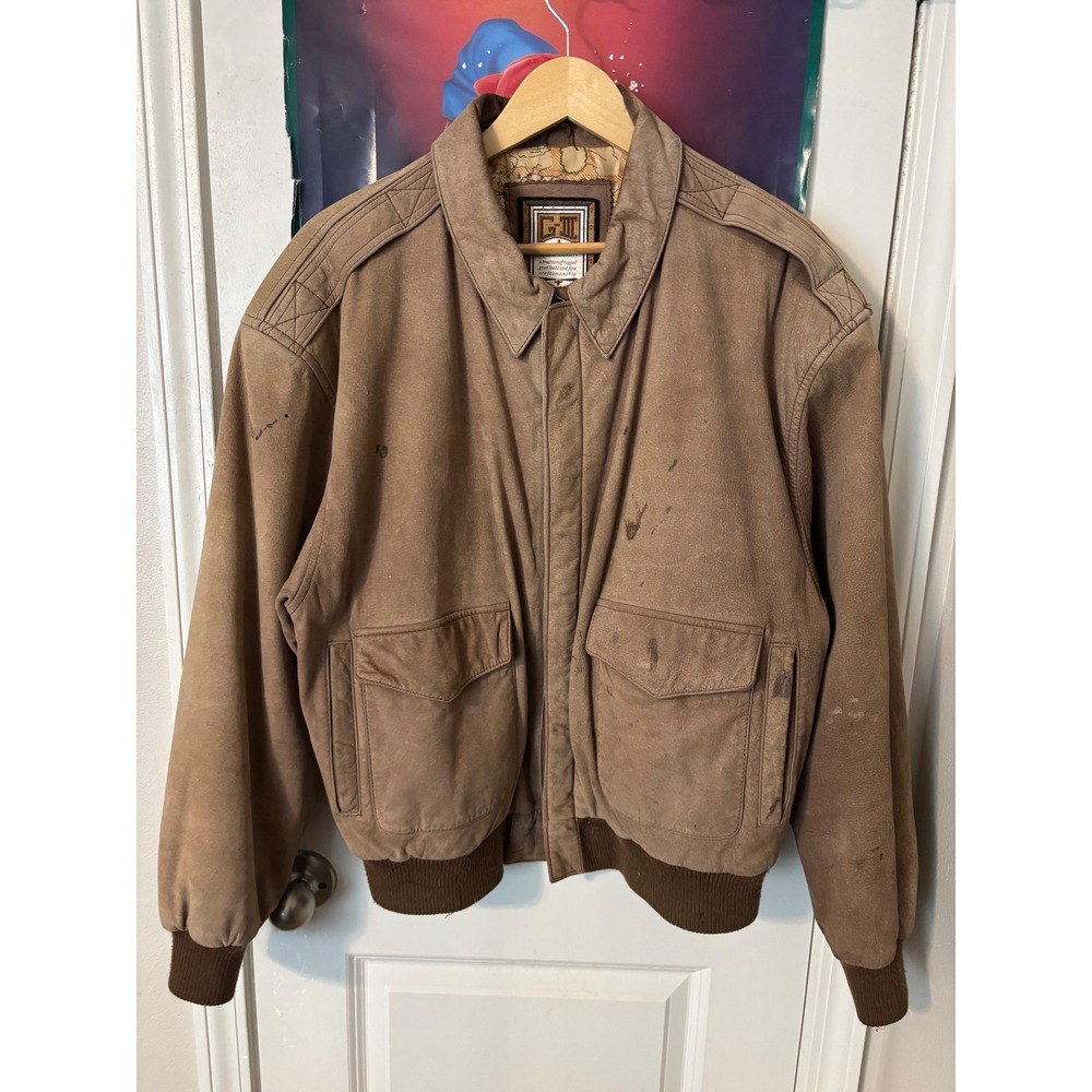 Vintage G-III Global Identity Leather Bomber Jacket Tan Brown Map Lining Mens L